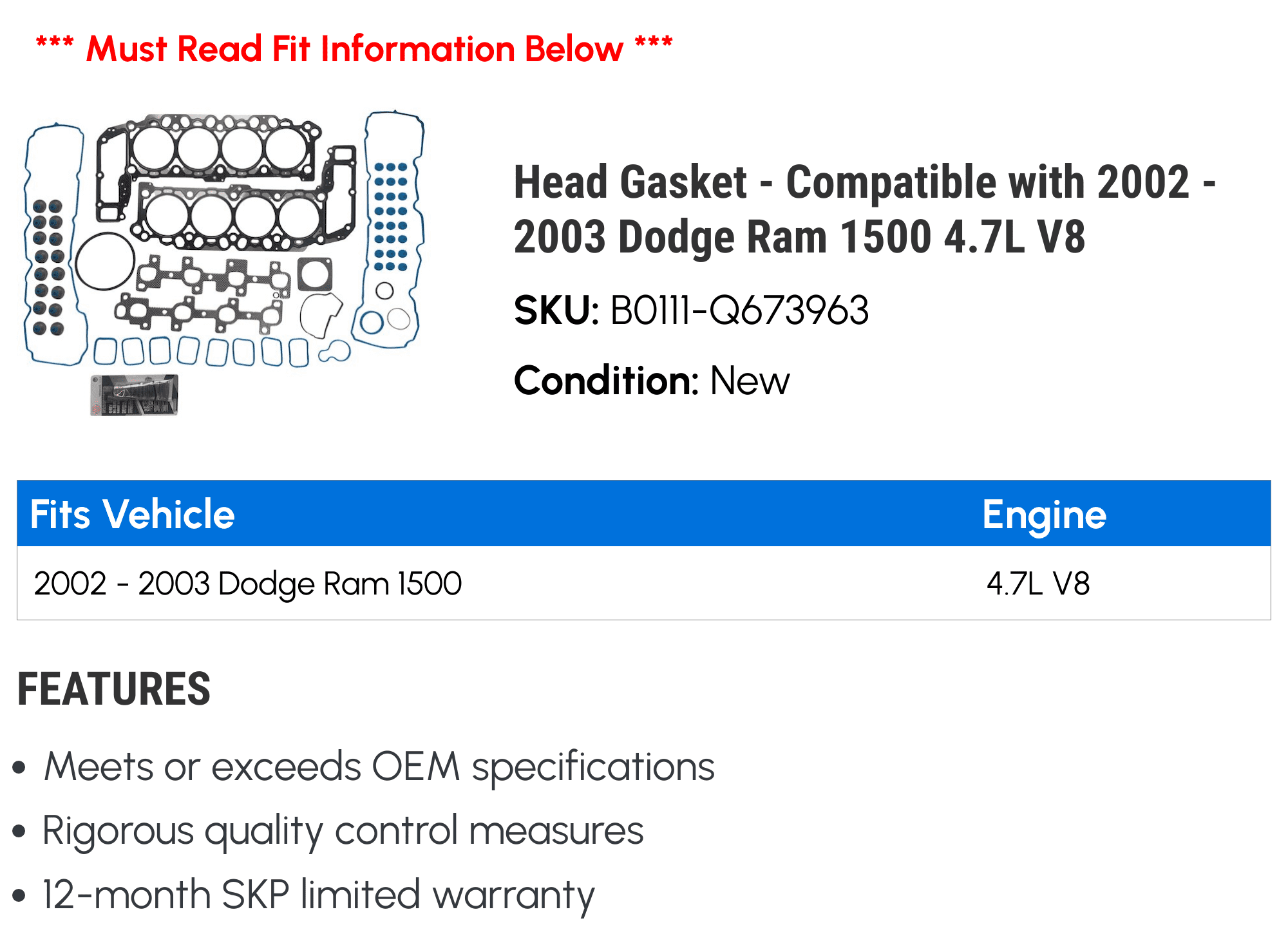 Head Gasket - Compatible with 2002 - 2003 Dodge Ram 1500 4.7L V8