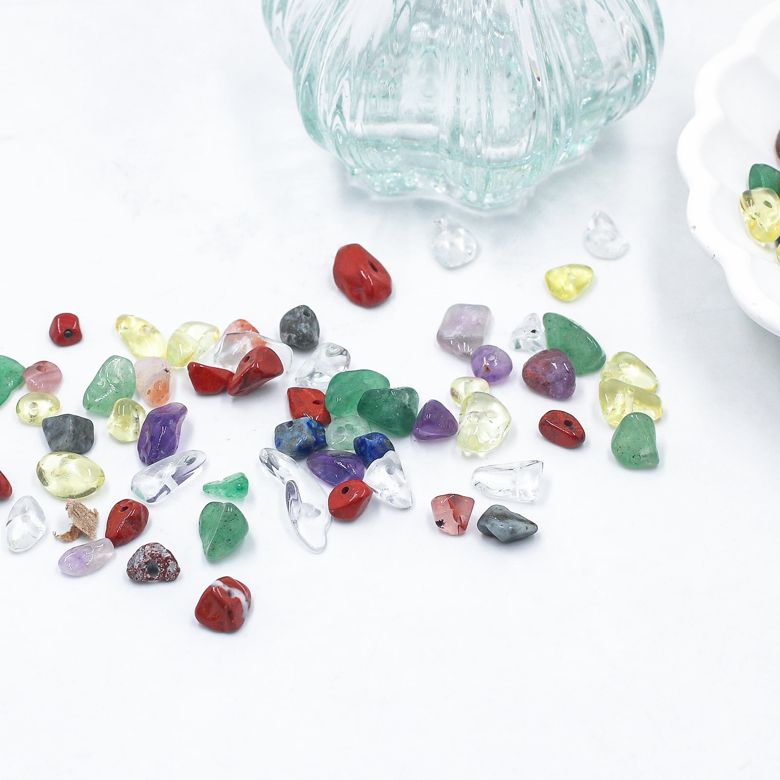 Natural Chip Stone Beads Hole Drilled DIY, Multi-Color Irregular Chips Stones, Crushed Chunked Crystal with Hole 5mm to 8mm, for Jewelry Making Decor DIY Crafts