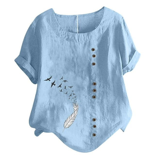 Birdeem Womens Short Sleeved Casual Plus Size Round Neck Feather Printed Loose Button Cotton Linen Top
