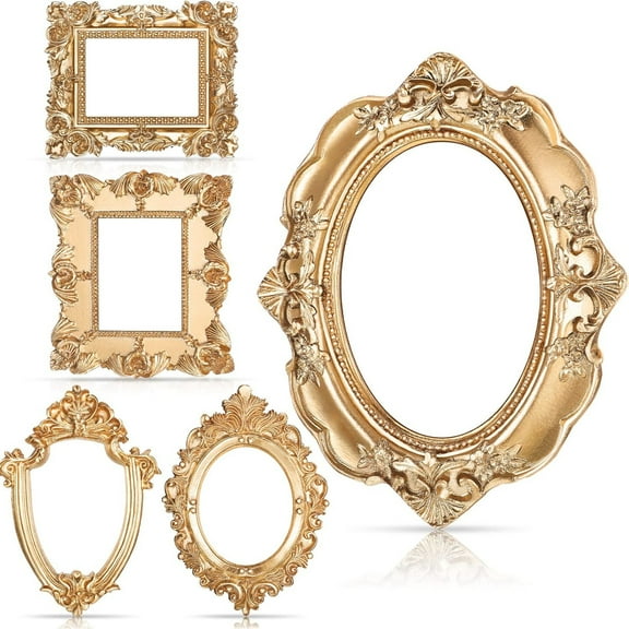 5 pcs Vintage Mini Picture Frames Small Antique Resin Photo Frame Wall Hanging for DIY Jewelry Display Photography Christmas Photo Holiday Party Decoration Gold