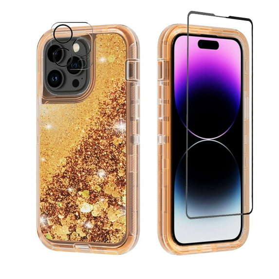 NIFFPD iPhone 14 Pro with Screen Protector + Camera Lens Protector, Bling Glitter Quicksand Sparkle Clear & Shockproof Protective Cover iPhone 14 Pro 6.1" Rose+Gold