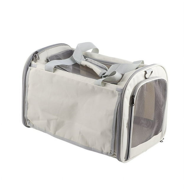 Transportín para mascotas, transpirable, plegable, suave, con cojín, portátil, para viajes en avión o coche, color beige, con cortina.
