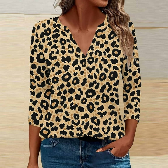 Qulqfy Womens Tops Trendy Plus Size Spring 3/4 Sleeve Leopard Print Shirts V Neck Fall Cheetah Tops Cheetah Blouses for Women L