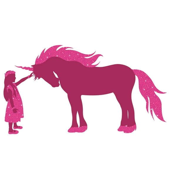 GIRLY - Easy To Peel And Apply Pink Silhouettes Vinyl Decoration Young Girl & Unicorn Floral Design Home Living Room Wall Decal - Kids Girls Nursery Bedroom Wall Décor Sticker 10" x 5"