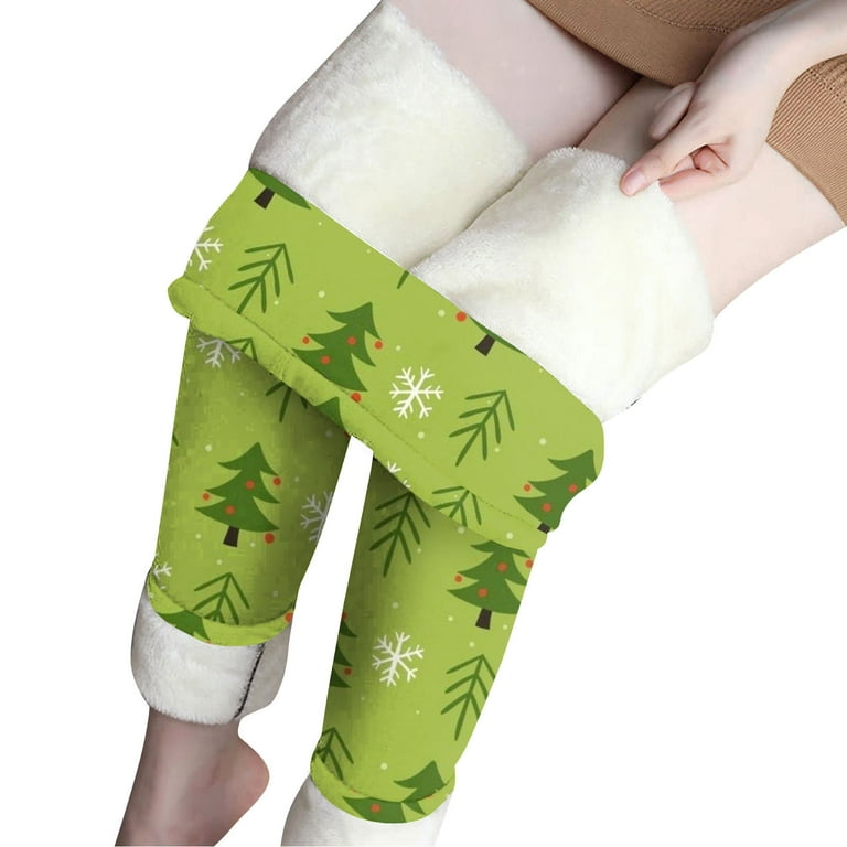 Qiaocaity Women Christmas Printed Warm Tight Thick Plush Wool Waist Pants  Trousers Leggings, Christmas Gifts, Mint Green XL 