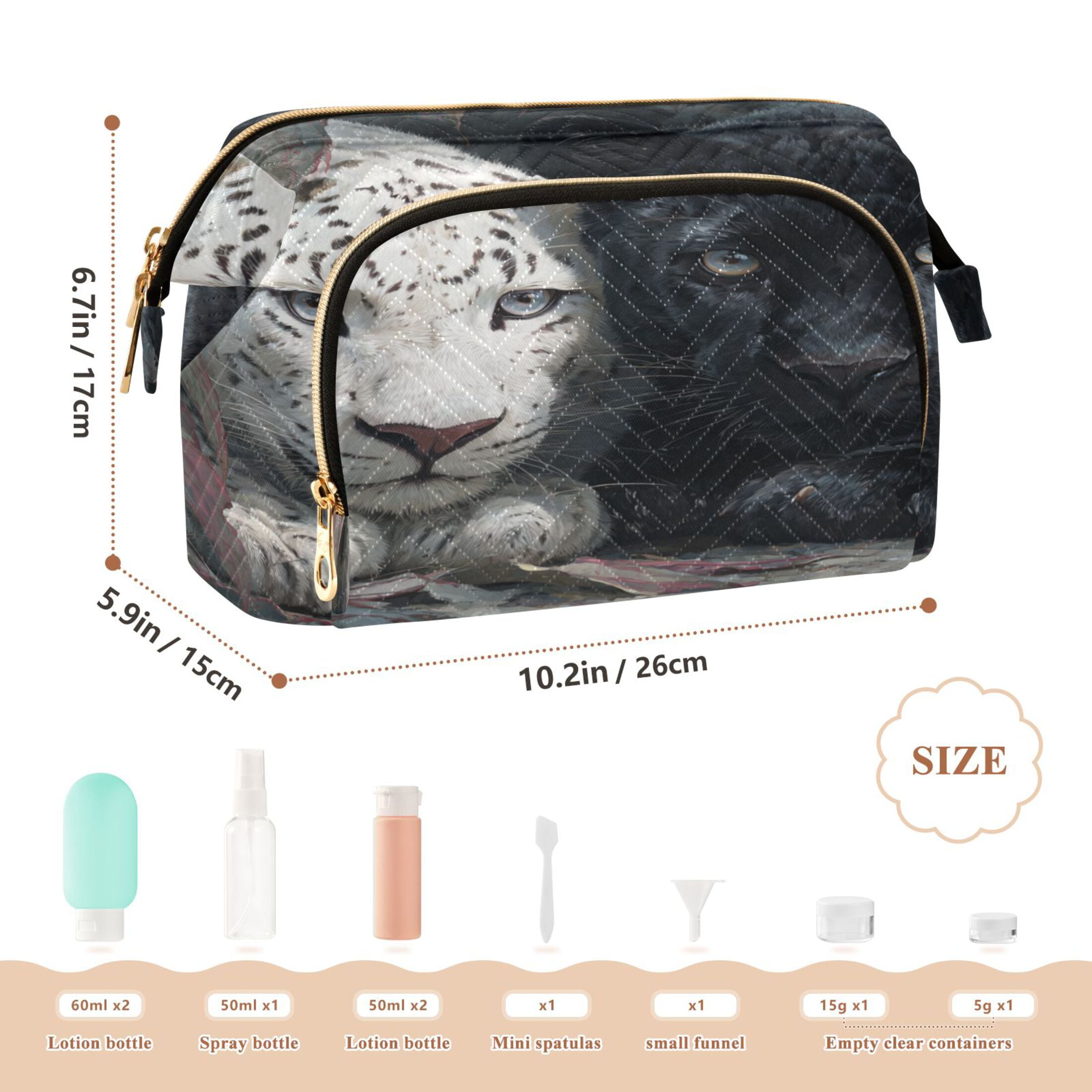 Wavy Quilted Cosmetic Bag Large-Capacity Travel Toiletry Organizer Includes 9-Piece Portable Travel Bottle Set White Leopard Black Panther