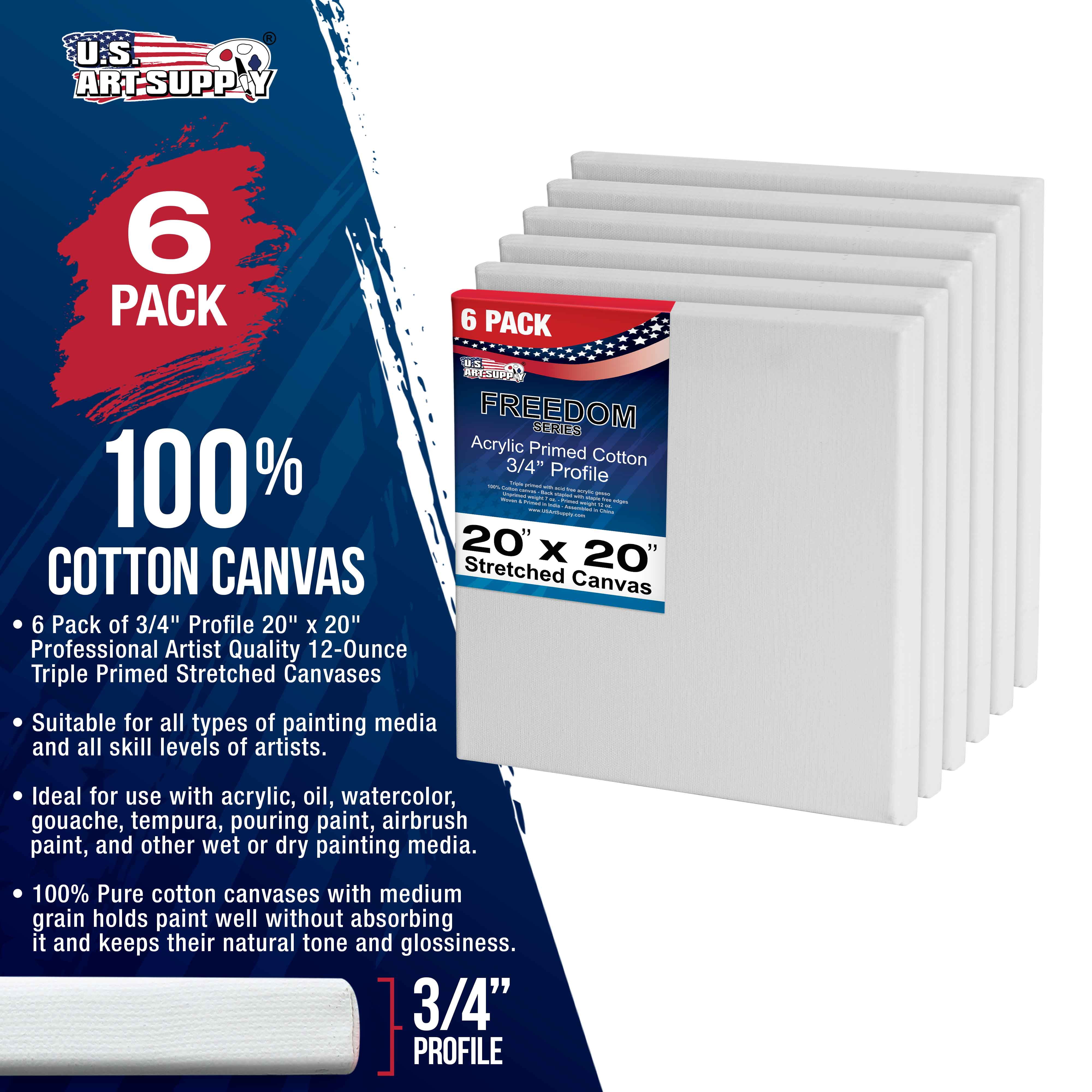 U.S. Art Supply 20 x 20 inch Stretched Canvas 12-Ounce Triple Primed, 6-Pack - Professional Artist Quality White Blank 3/4" Profile, 100% Cotton, Heavy-Weight Gesso - Acrylic Pouring, Oil Painting