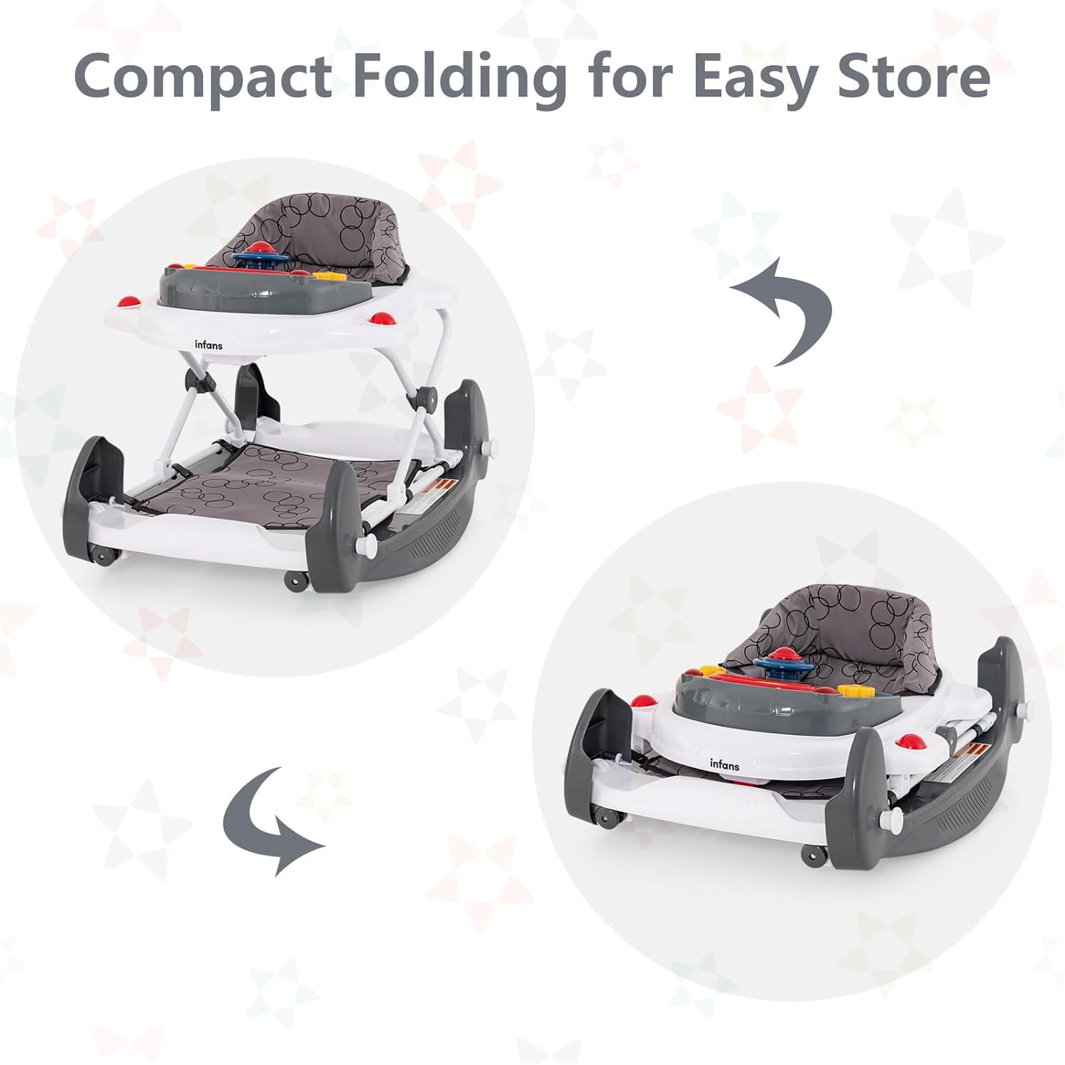 INFANS Baby Walker, 6 in 1 Behind Walker Learning Seated Rocker Bouncer with Removable Music Tray, Adjustable Height and Speed, Washable Seat Cushion, Foldable Activity Center for Toddlers