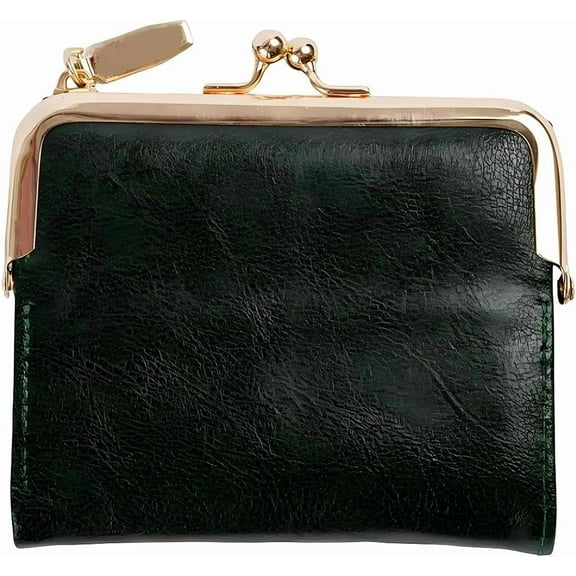 4.96 x 4.37 Inch Small Women Kiss Lock Wallet with Zipper RFID Vintage Blocking Bifold Ladies Compact Wallet Rectangle PU Leather Coin Purse
