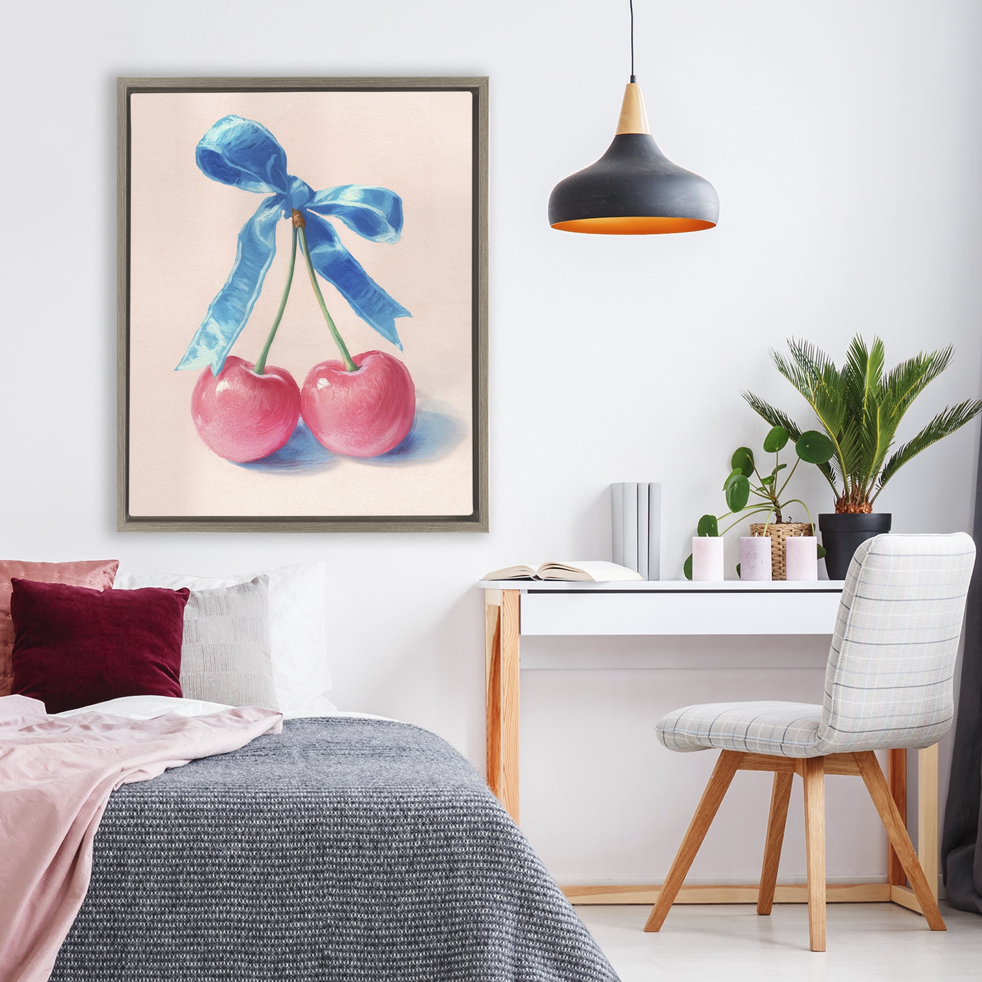 Stupell Industries Twin Cherries with Blue Ribbon Brown Framed Floater Canvas Wall Art, design by Imagine It Images
