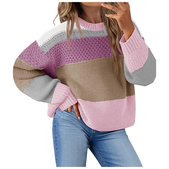 vigerkar Womens Color Block Loose Sweaters 2025 Winter Trendy Casual Oversized Y2k Going Out Striped Pullover Tops (Light Purple, XXL)