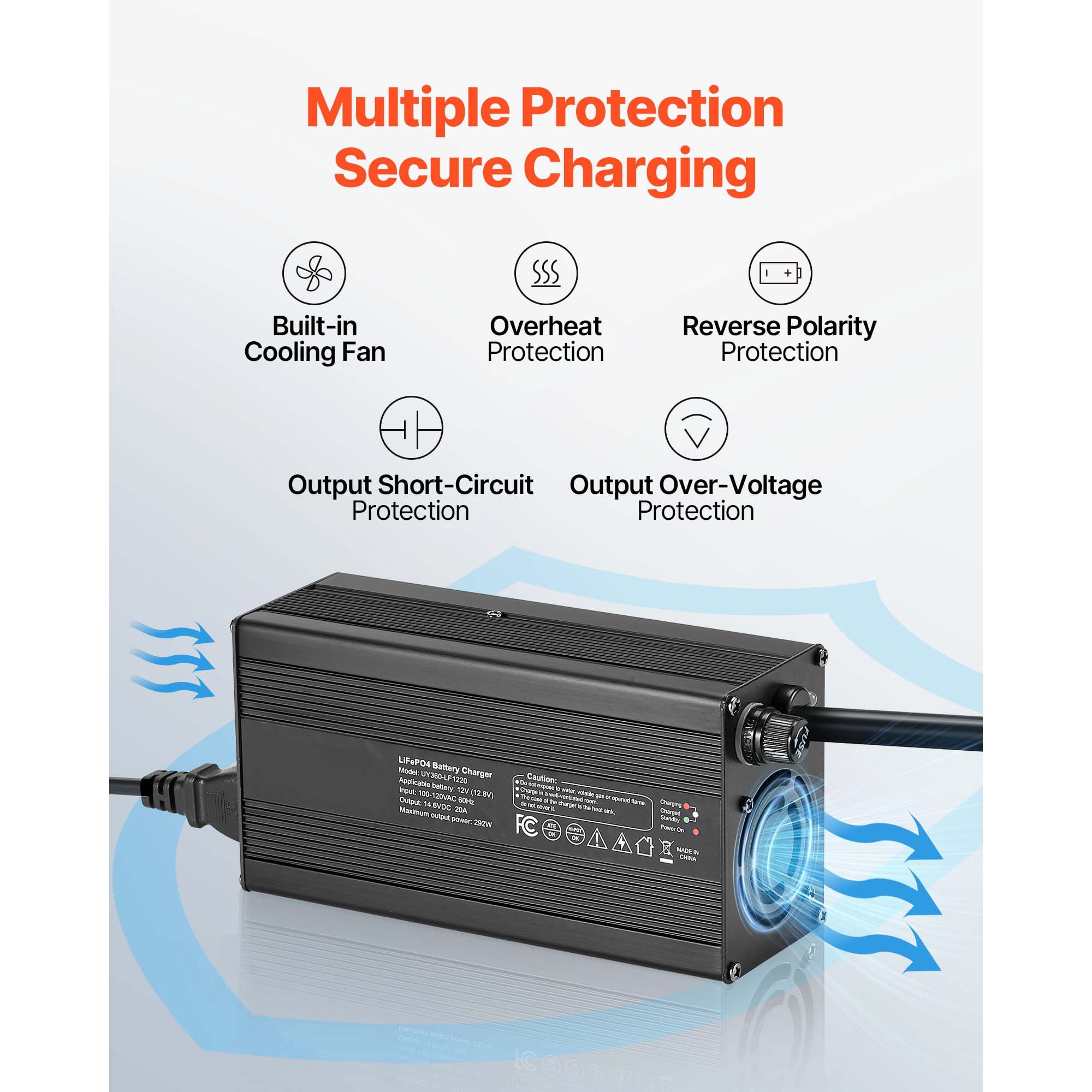 KFFKFF 12V 20A Lithium Battery Charger, 14.6V AC-DC LiFePO4 Smart Charger with Anderson Connector, LED Indicator, 0V Activation, Compatible with Lithium LiFePO4 Deep Cycle Batteries for Boats and RVs