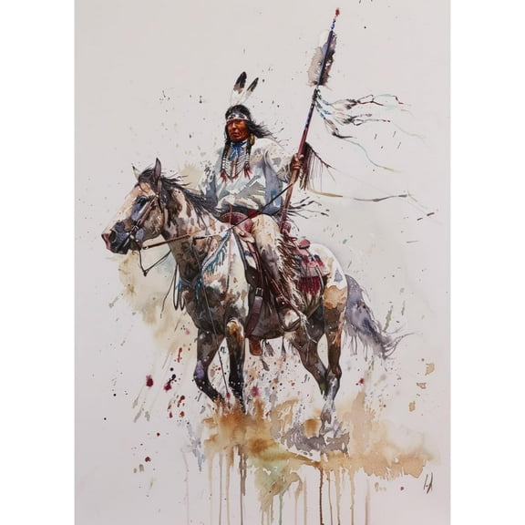 Watercolor American Native Indian Man Ride Horse DIY 5D Diamond Art Paint with Full Drill Round Diamond Gems Painting by Number Kits for Adults Art Craft Home Wall Decor 11.8x15.8in(2)