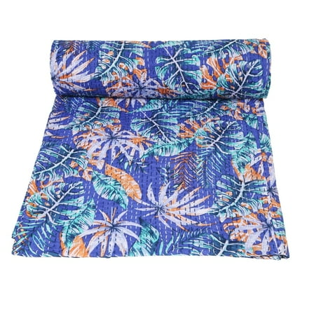 Indian Blue Floral Print Kantha Quilt Throw 100% Cotton Blanket Bedspread Hand Block Print Single Size