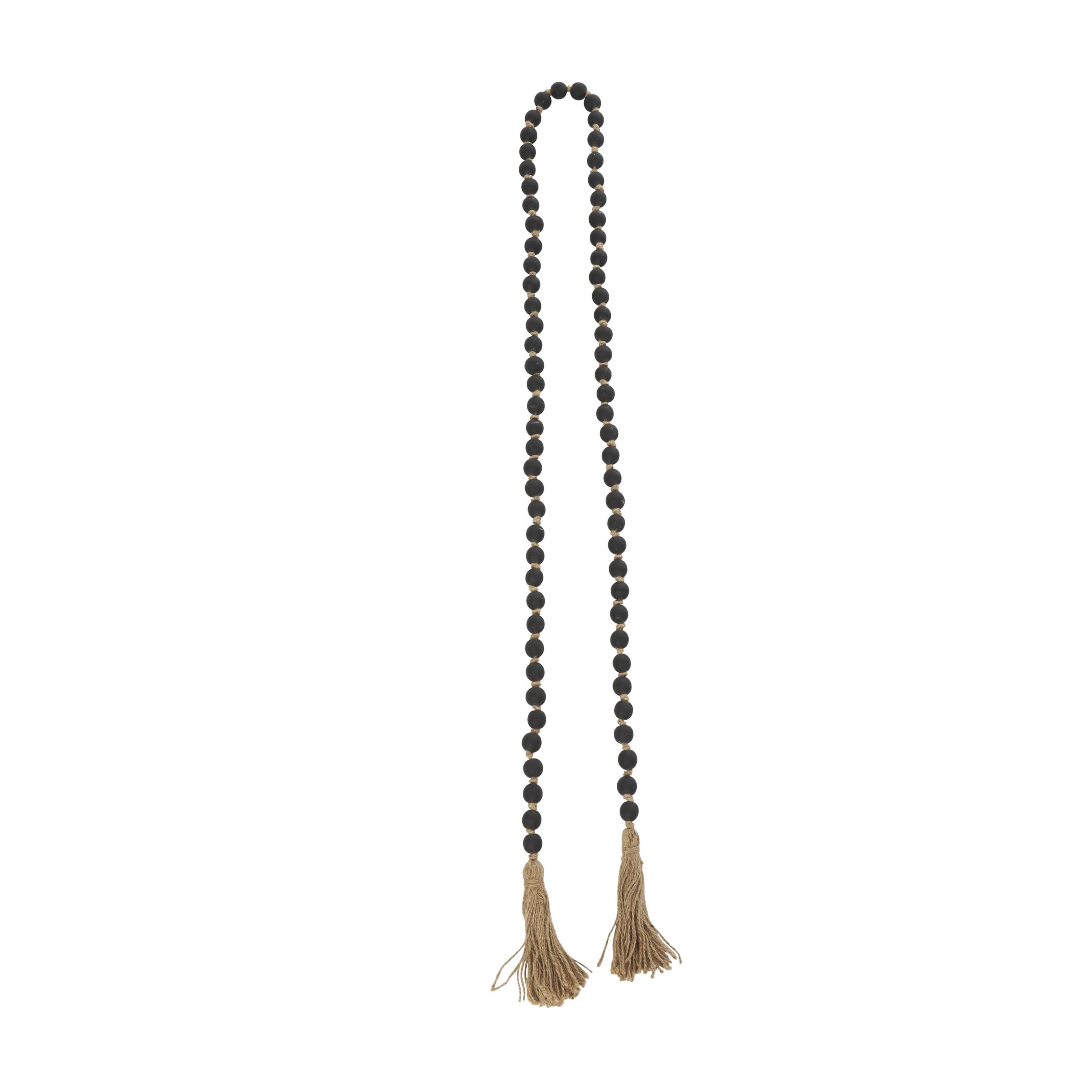 DecMode Handmade Round Long Frosted Black Glass Garland with Tassel with Knotted Brown Jute