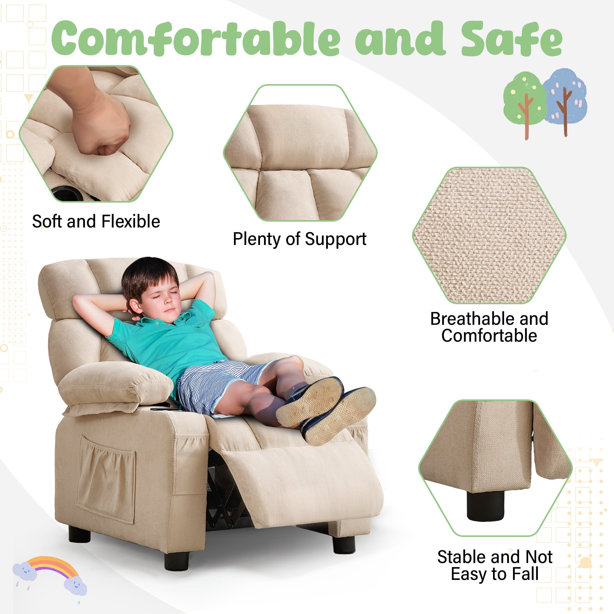 JONPONY Kids Recliner Chair,Push Back Toddler Recliner with Cup Holders & Side Pockets,Adjustable Footrest & Headrest Kids Sofa for Boys Girls 3+ Age Group, Beige