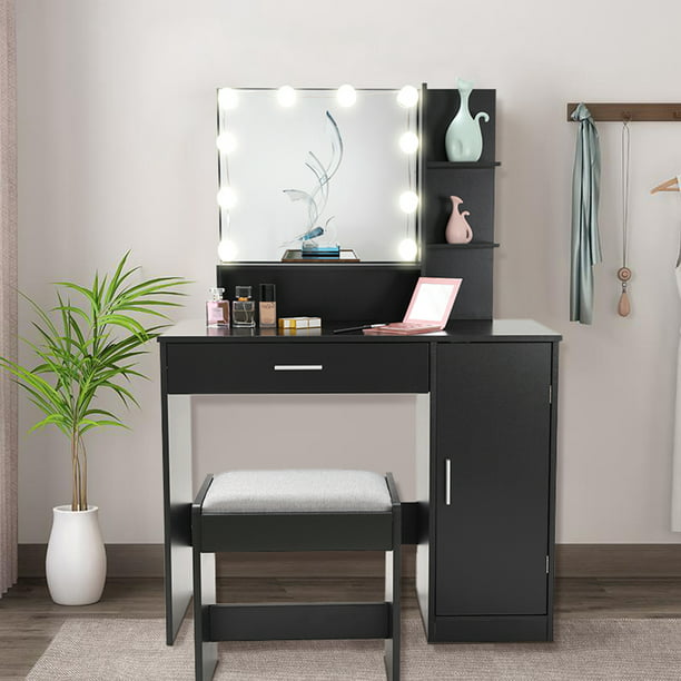 Usikey Vanity Table Set With 10 Light, Black Makeup Vanity With Storage
