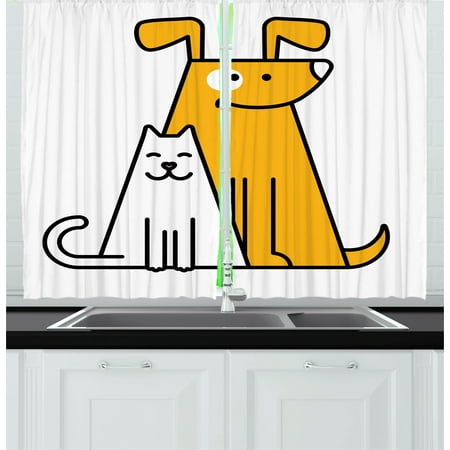 Cartoon Curtains 2 Panels Set, Cats and Dogs Human Best Friends Forever Kids Nursery Room Art Print, Window Drapes for Living Room Bedroom, 55W X 39L Inches, Black White and Apricot, by