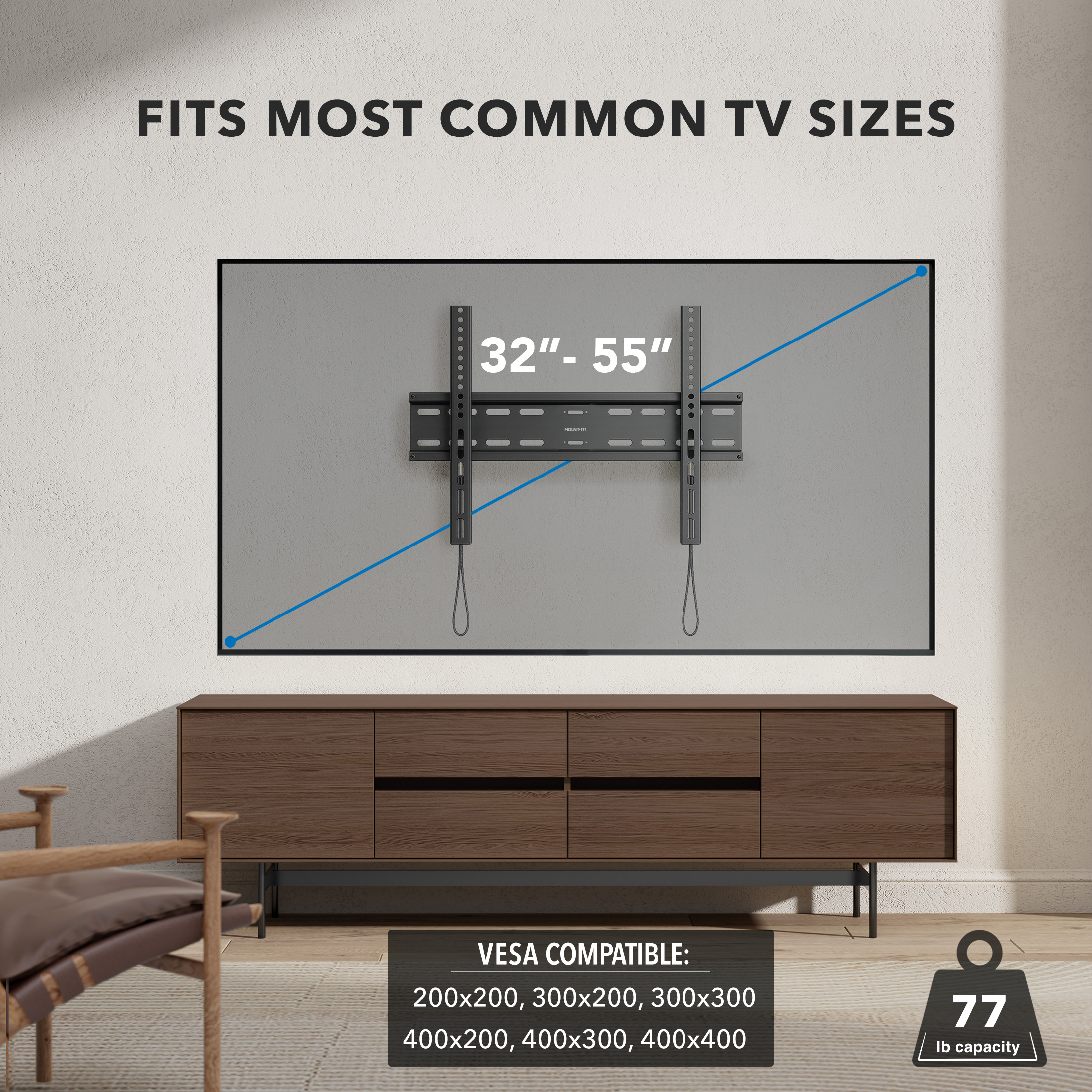 Mount-It! Low Profile Fixed TV Wall Mount, Fits 32"-55" Flat Screen TVs ,  77 lbs. Capacity, Slim Profile, TV Bracket