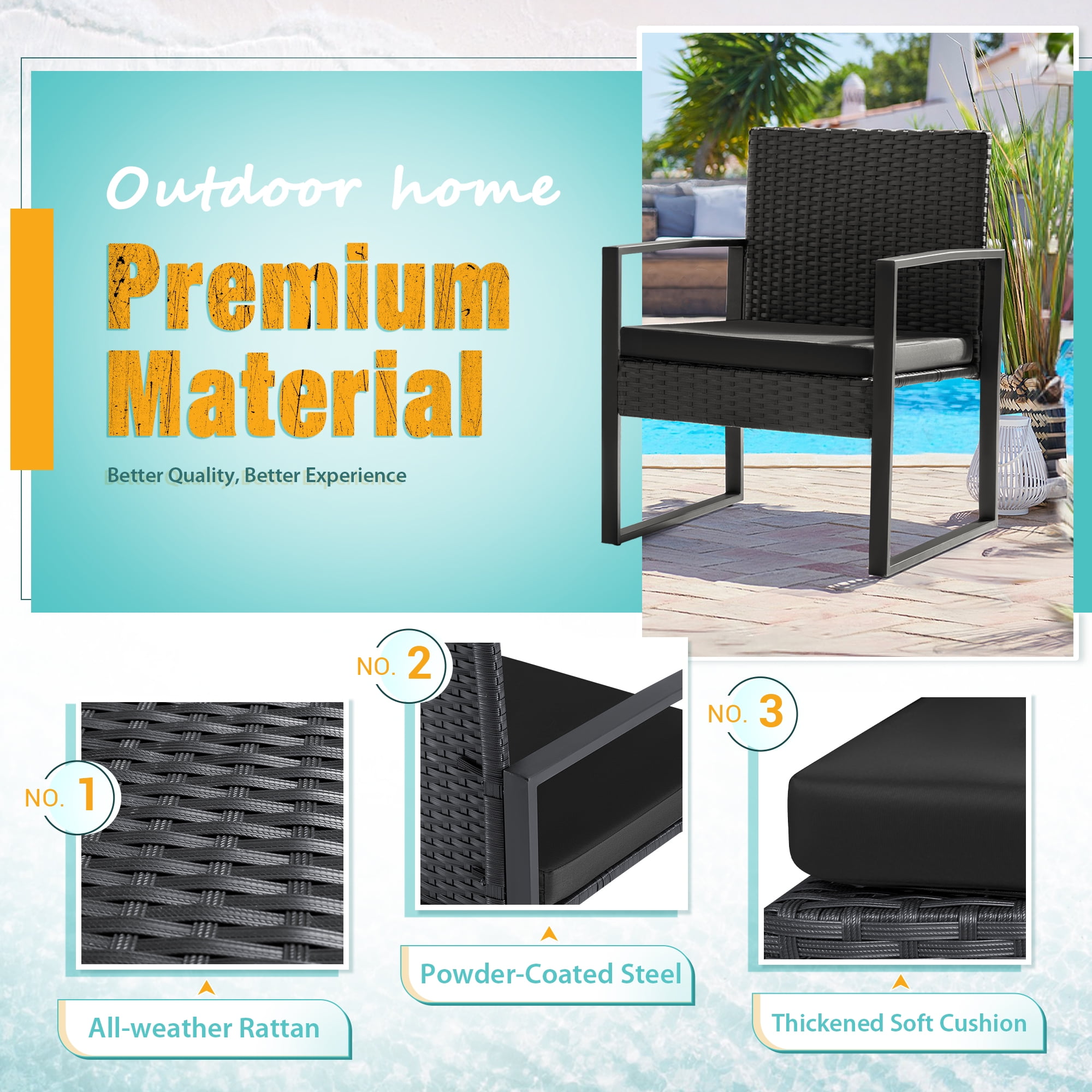 Lacoo 3 Pieces Outdoor Bistro Chair Set PE Rattan Patio Conversation Set of 2 with Cushion and Coffee Table, Black