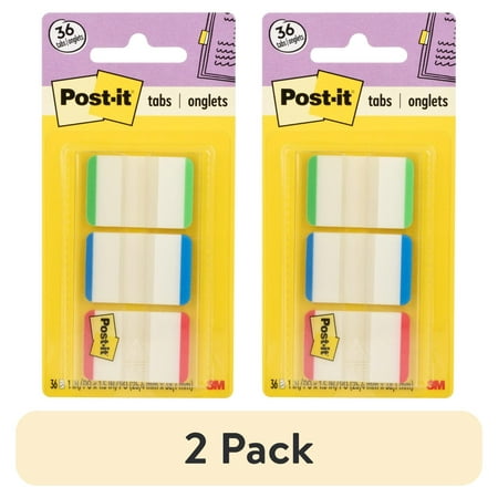(2 pack) Post-it Tabs, 1 in., Lined, Green, Blue, Red, 36 Tabs/On-the-Go Dispenser