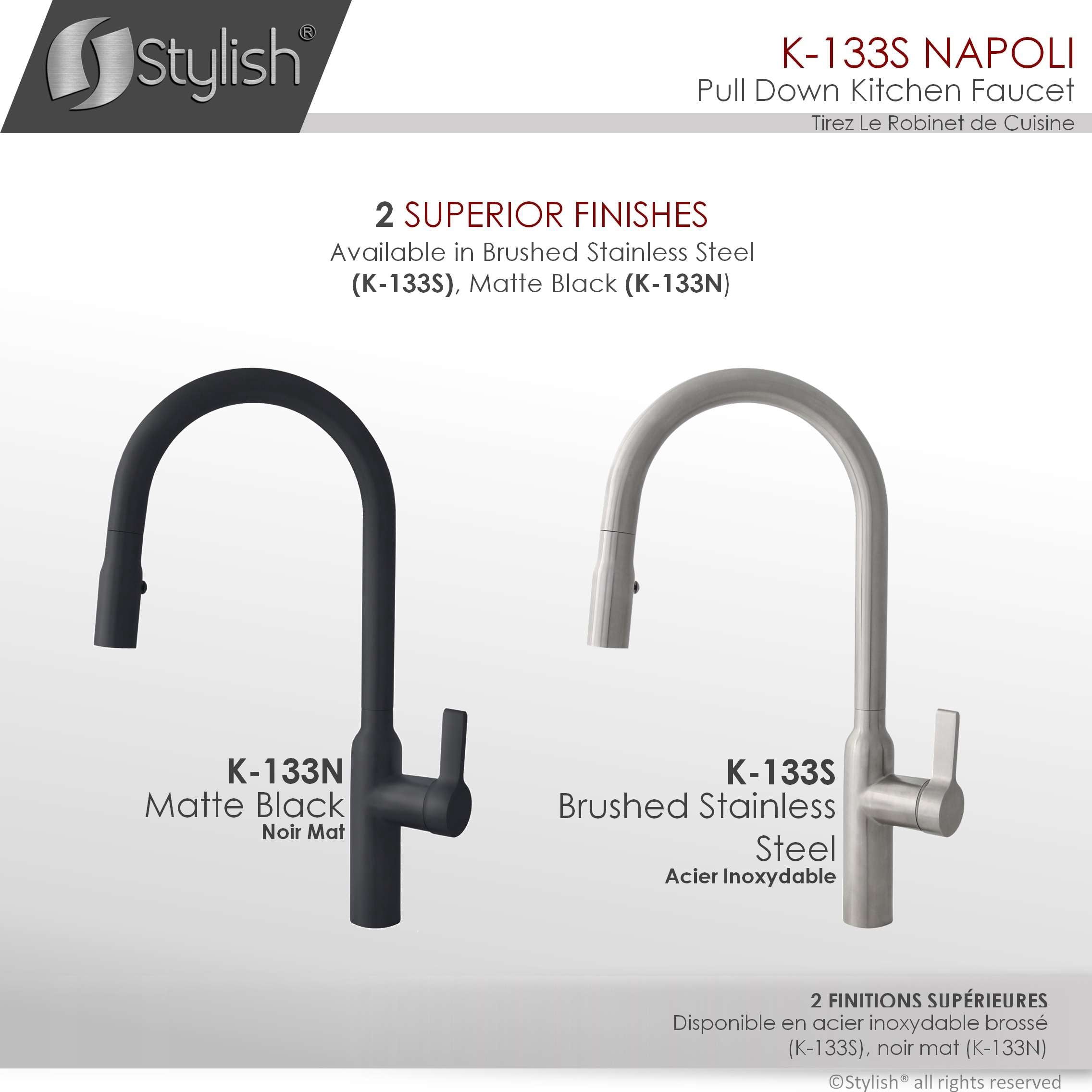Stylish Napoli Single Handle Brushed Stainless Pull Down Kitchen Faucet K-133S