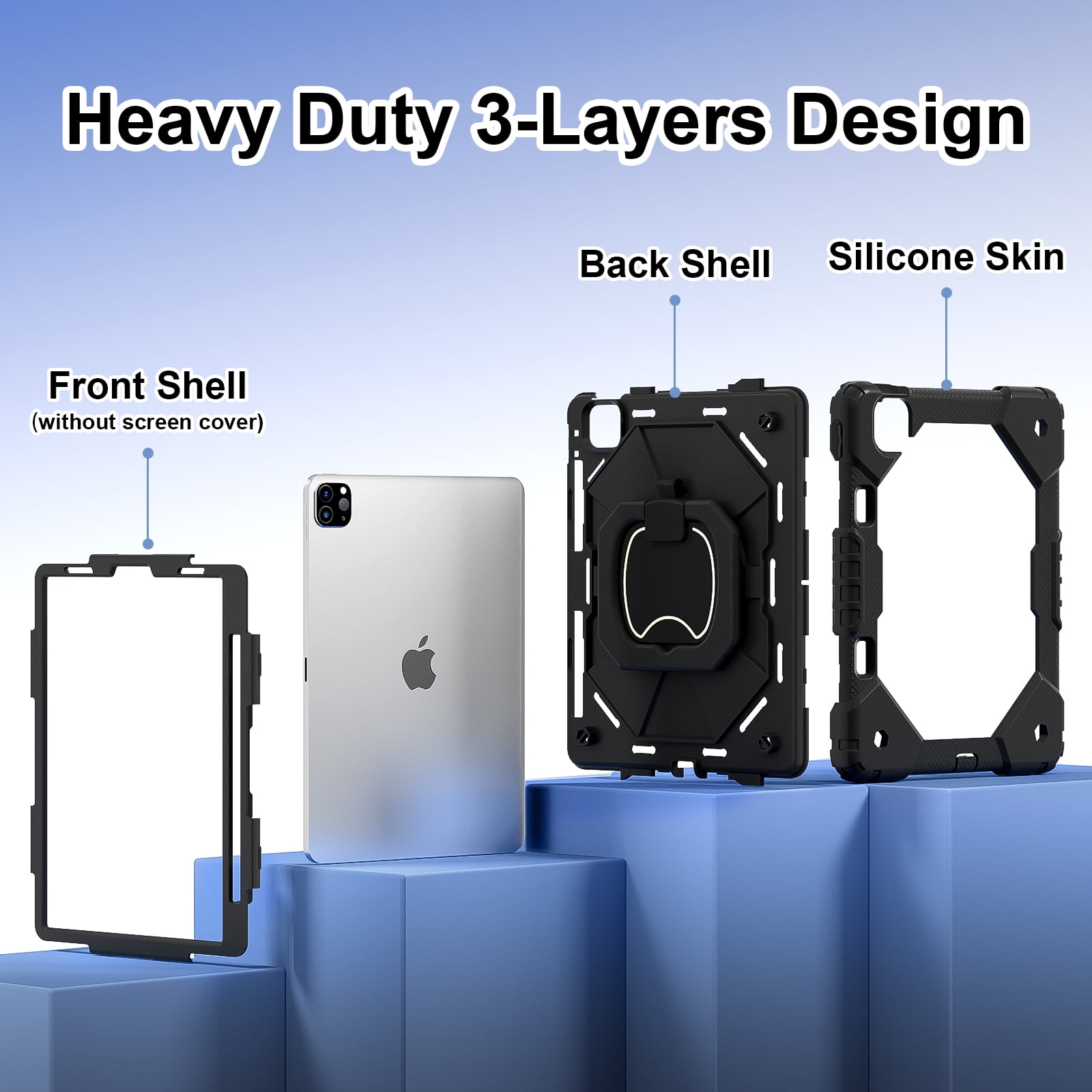 Shockproof Case for Apple iPad Pro 11 4th Generation 2022 / 3rd Gen 2021/ 2nd Gen 2020 /1st Gen 2018/ iPad Air 5th Gen 2022 / iPad Air 4th Gen 2020, Pencil Holder Stand Case,Black