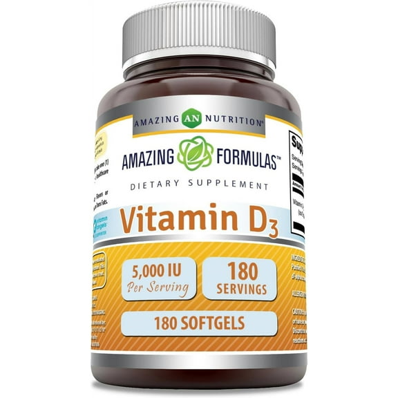 Amazing Formulas Vitamin D3 Cholecalciferol 5000 IU Per Serving 180 Softgels Supplement | Non-GMO | Gluten-Free | Made in USA