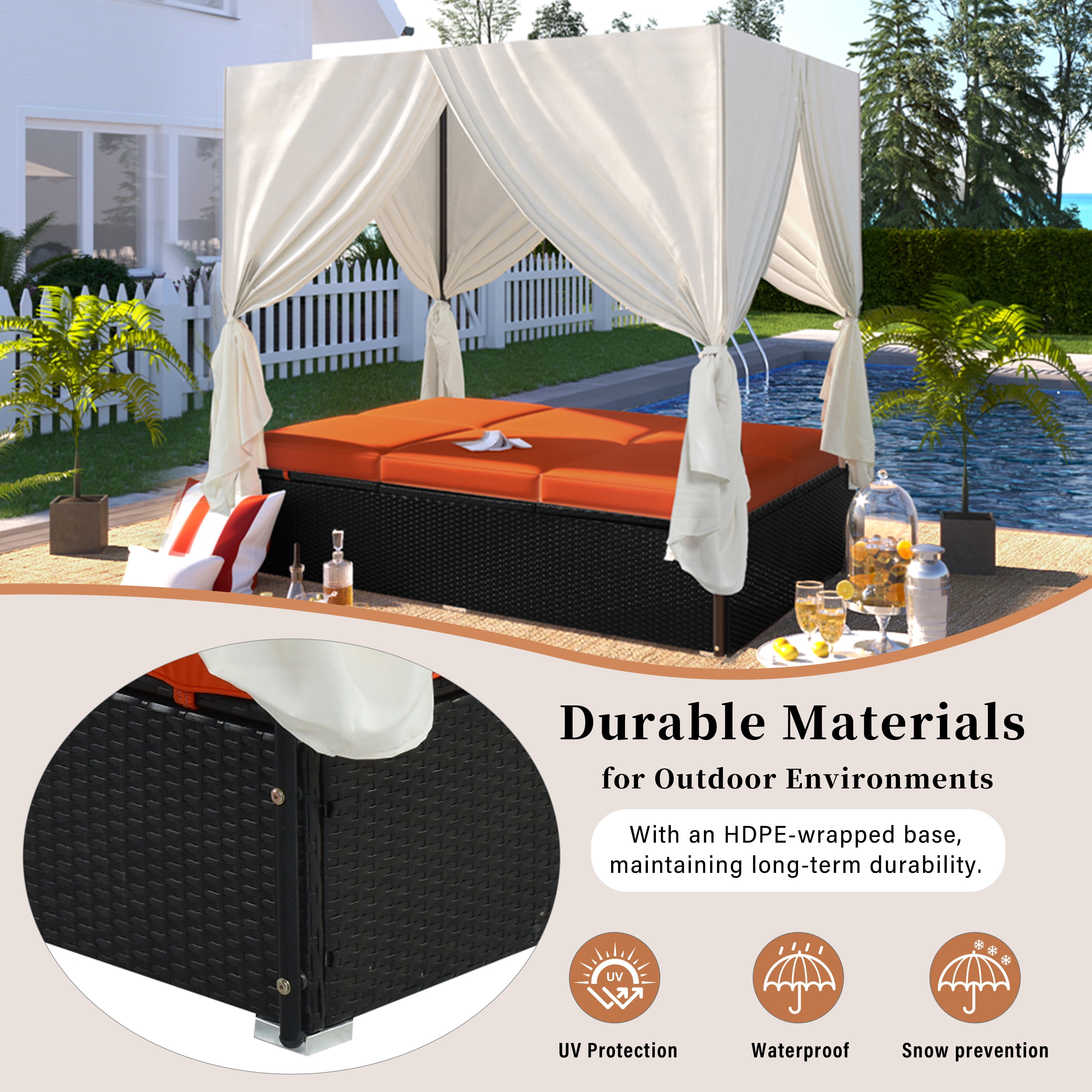 Outdoor Double Chaise Lounge Daybed with Curtains,Patio Outdoor Sunbed with Adjustable Backrest, Sturdy Steel Frame Loveseat Sofa for Backyard,Poolside, Terrace