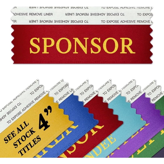 Sponsor 4" Badge Ribbons with Adhesive for Nametags - Made in The by Ribbons Galore (50 Ribbons)