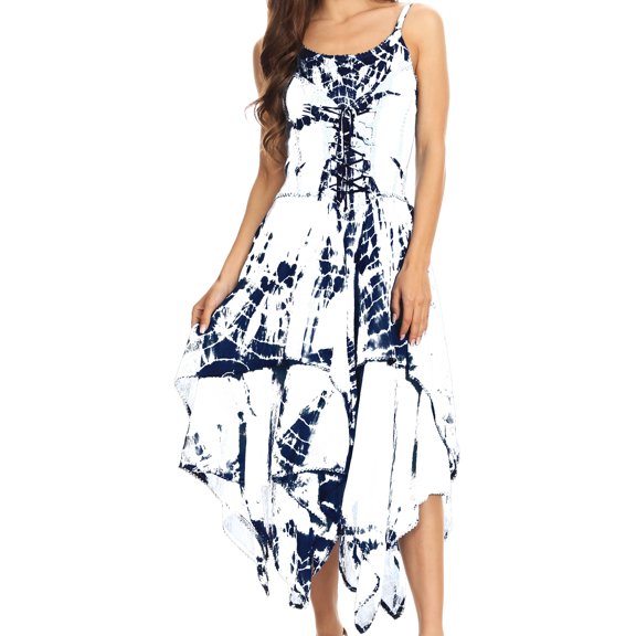 Sakkas Annabella Corset Bodice Handkerchief Hem Dress - Ivory / Blue - Plus Size