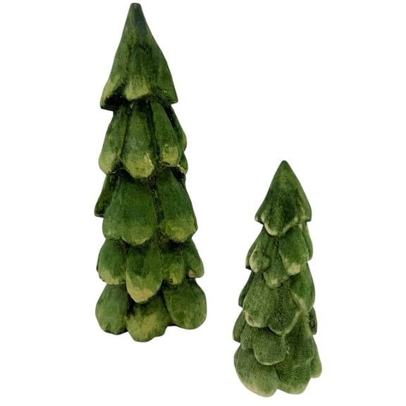 Wood Tree Decor - Set of 2 Holiday Winter Pine for Village Display Christmas Mantle, Table, Bookshelf
