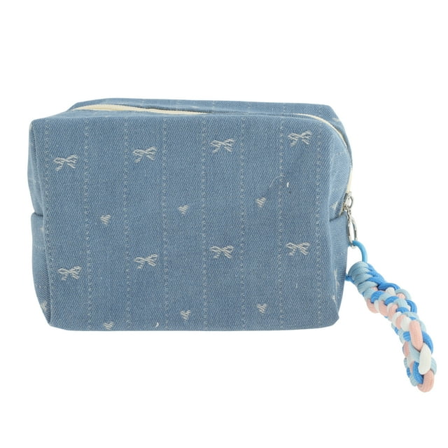 Bolsas de maquillaje de lona azul con forma de corazón y lazo, 1 pieza, ligera, para vacaciones