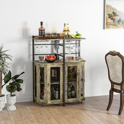 Industrial Corner Bar with Glass Holder and Adjustable Shelf