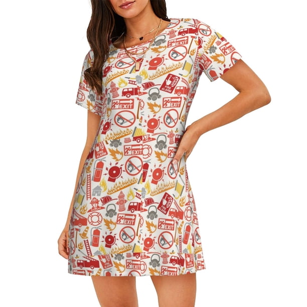 Fotbe Firefighter Icons Bata de Dormir para Mujer con Estampado, Camisón de Algodón de Manga Corta, Ropa de Dormir Casual