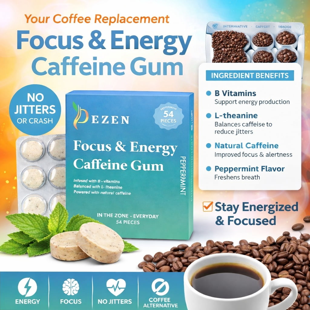 DEZEN Focus & Energy Caffeine Gum with L-Theanine, Caffeine, Vitamin B12 & B6, Peppermint Flavor, Coffee Replacement, Pack 3