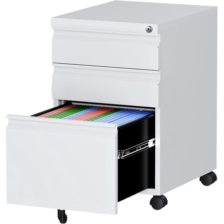 Letaya 3 Drawer Mobile File Cabinet with Lock, Under Desk Metal Rolling Filing Cabinets for Home Office Organizer Letters/Legal/A4 (Black- Requires Installation) (White)
