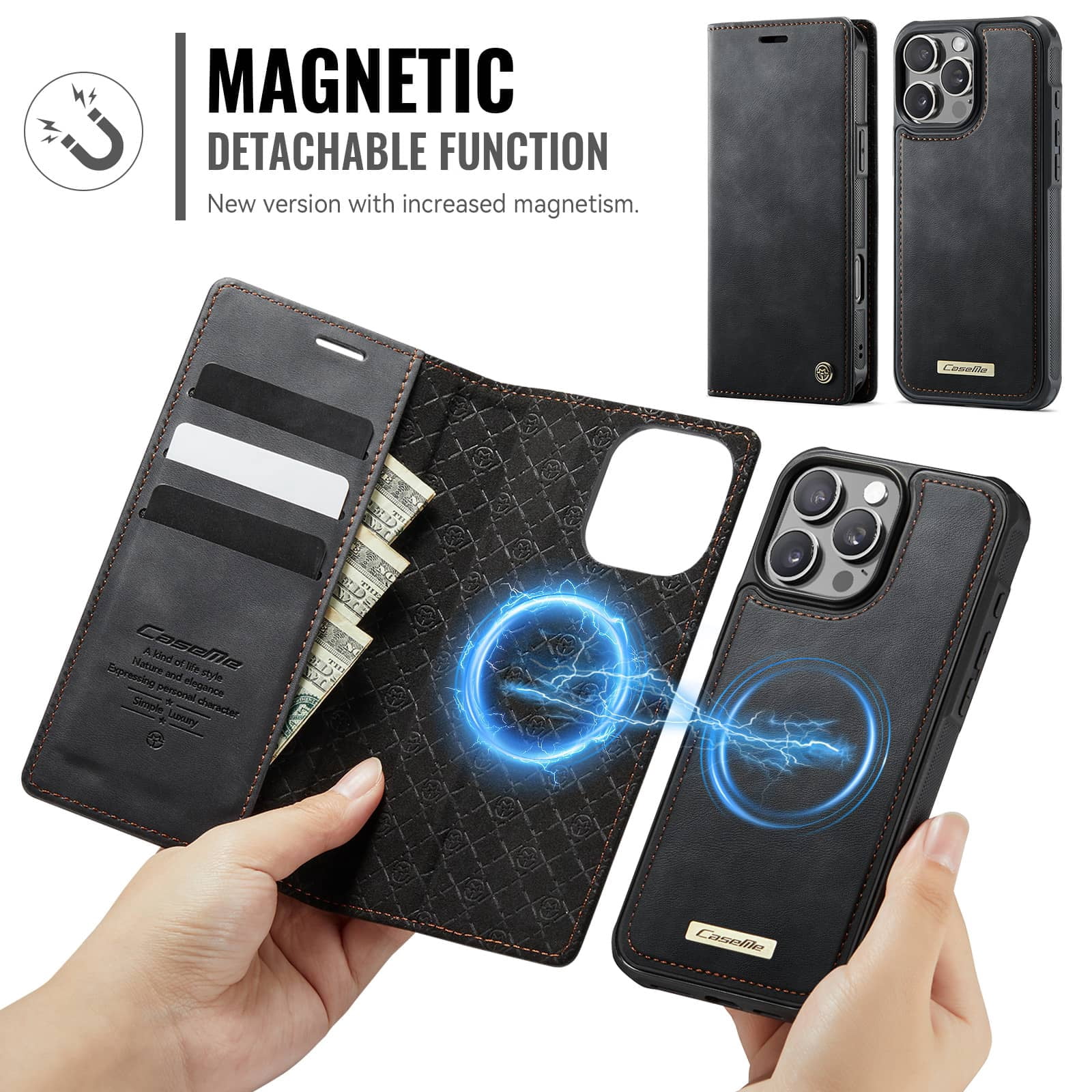 Magnetic 2 in 1 Magsafe Detachable Wallet Case for iPhone 16 Pro Max with Card Holder Women Men, Retro PU Leather【RFID Blocking】Kickstand Shockproof Cover