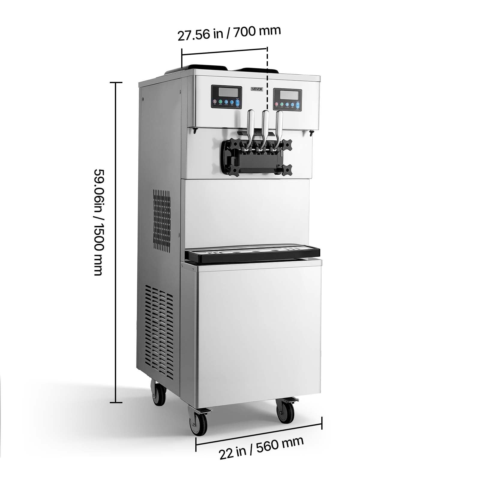 VEVOR Commercial Ice Cream Machine, 34-44L/H Yield, Dual-Compressor Freestanding Soft Serve Ice Cream Maker with 2*10L Hoppers & 3 Flavors, Pre-Cooling Puffing Low-Mix Alert for Snack Dessert Shops