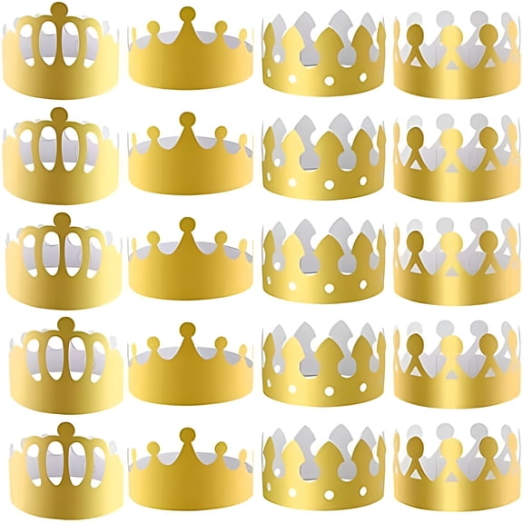TELOLY 20 Pcs Gold Paper Crown Party Hats, 4 Styles Adjustable King Tiara for Kids and Adults, Royal Headpieces for Birthday, Wedding, and Coronation