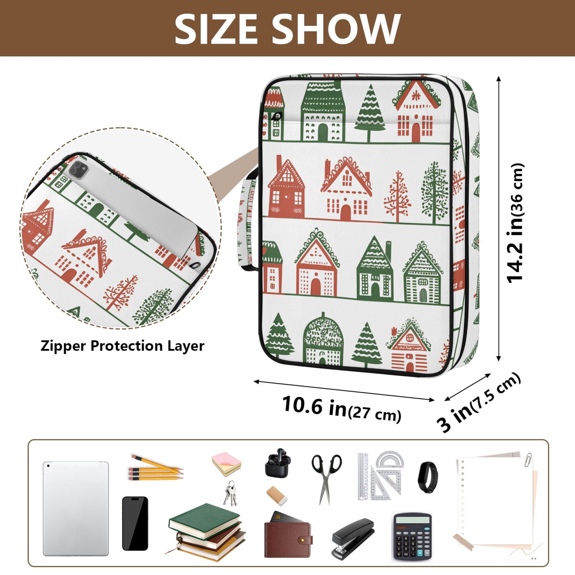 FORMRS Accordion File Folder A4 Size 7-Pocket Expanding Document Organizer Bag with 3 Ring Binder, White Christmas House