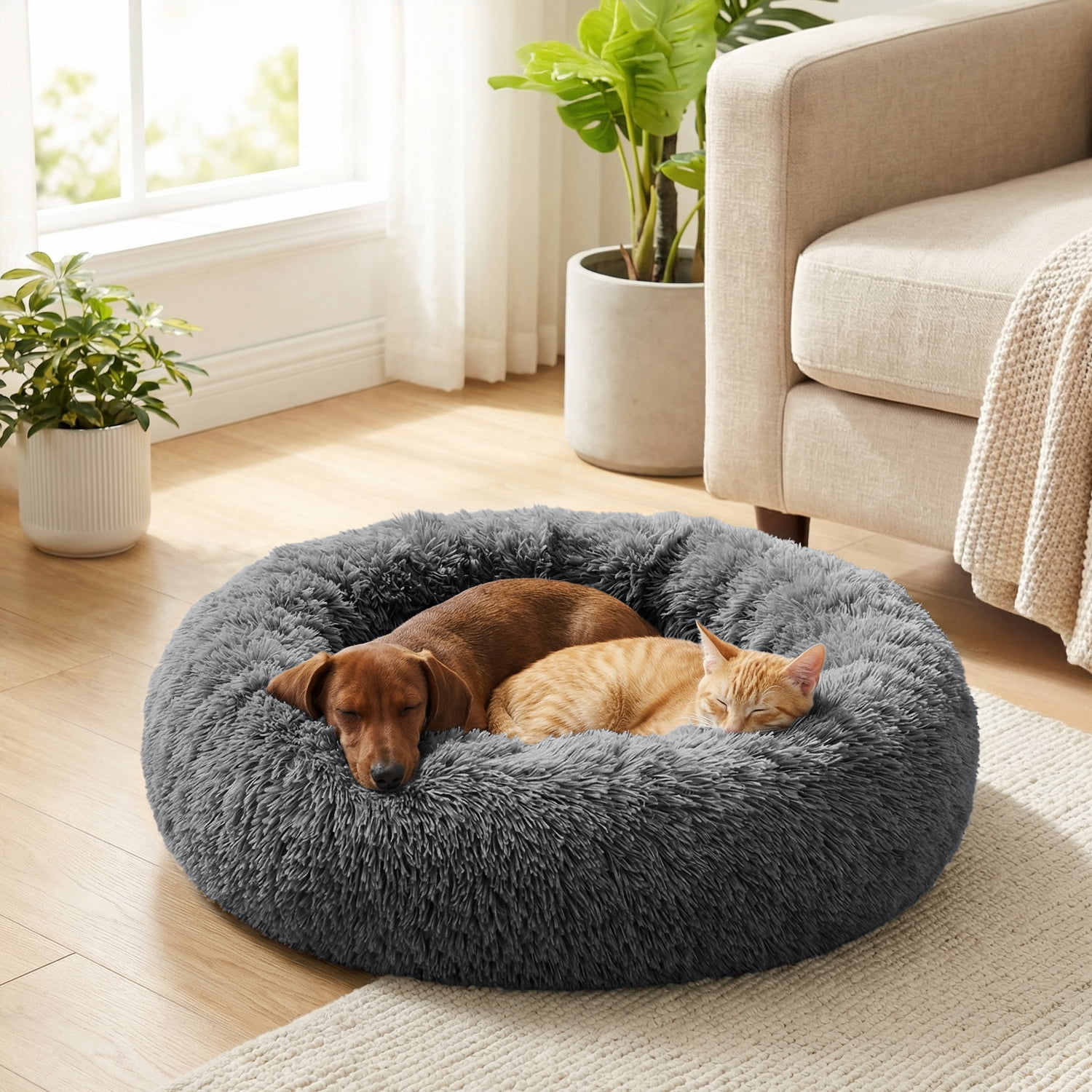 PetAmi Calming Dog Bed for Small & Medium Dogs and Cats, 30 Round Donut Dog Bed, Washable Fluffy Faux Fur Puppy & Cat Bed, Anti-Anxiety Plush Cuddler Pet Bed with Anti-Slip Bottom - Dark Gray