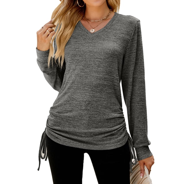 Jsaierl Long Sleeve Tops for Women 2024 Fall Solid V Neck Tees Side Drawstring Ruched Shirts Hide Belly Blouses Comfy Lightweight Workout Tops