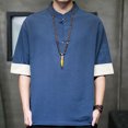 thumbnail image 2 of Camisas Negras Para Hombre Camiseta de manga corta de lino y algodón con cuello Retro para hombre, ropa Tang, placa con hebilla, camiseta informal de lino y algodón transpirable Hanfu para (Blue, L), 2 of 6