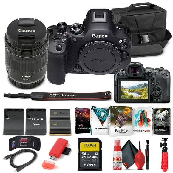 Canon EOS R6 Mark II Mirrorless Camera with 24-105mm Lens, 64GB Card, Case, Battery & Software - New(International Model)