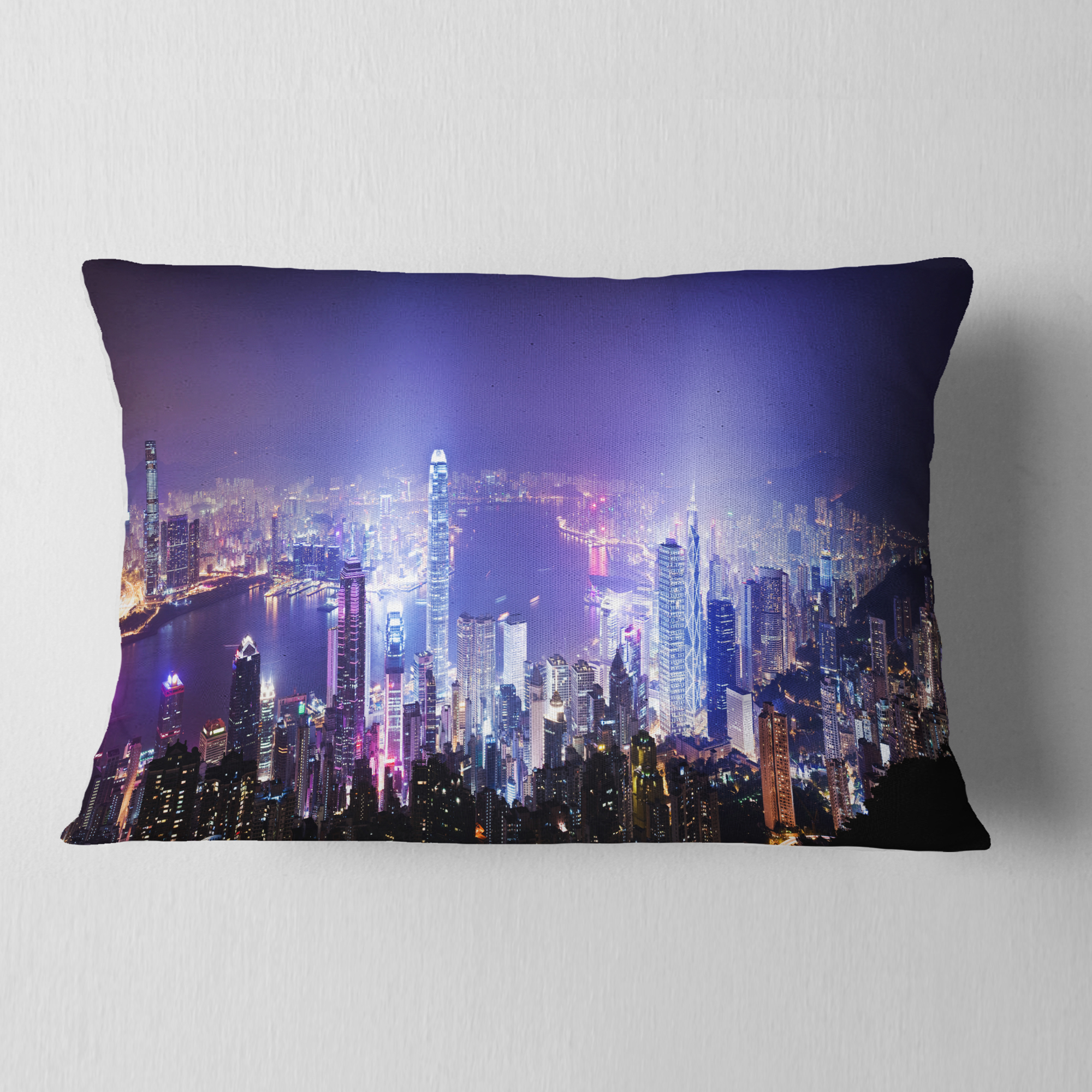 Designart Hong Kong Night City - Cityscape Photo Throw Pillow - 12x20