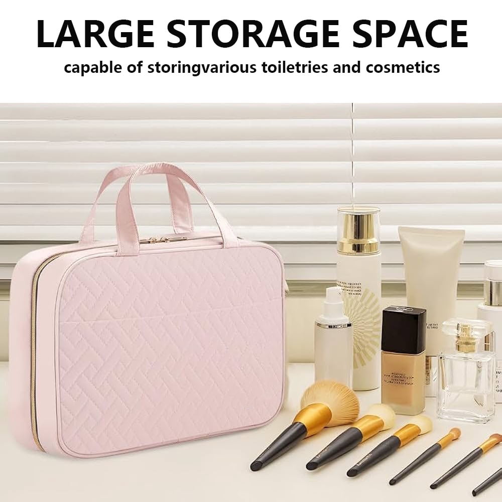SEHYRTTI Travel Toiletry Bag for Women, Makeup Bag Large Capacity with 4 Layers, Foldable Hanging Organizer,Compact & Leak-Proof Pink Design, Gift for Women