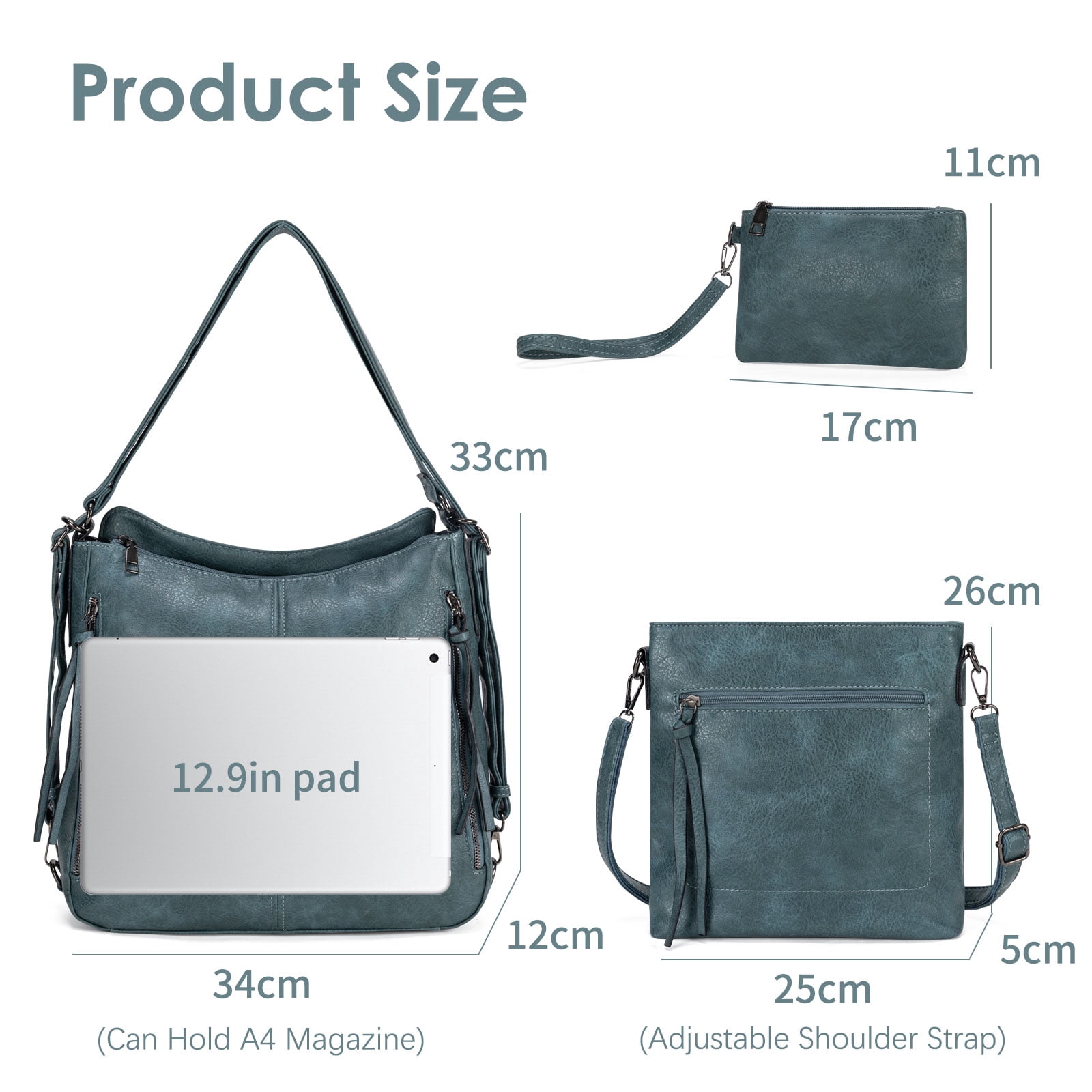 Kabaqoo Leather Shoulder Bag for Women, 3pcs Crossbody Purses Tote Satchel, Blue