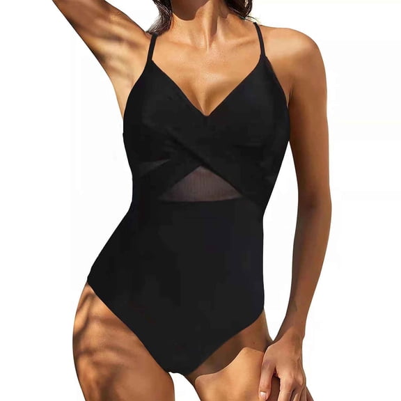 Tsesme Women’s One Piece Swimsuit Mesh Bathing Suit Deep V Neck Swimwear Pleated Front Swim Suit