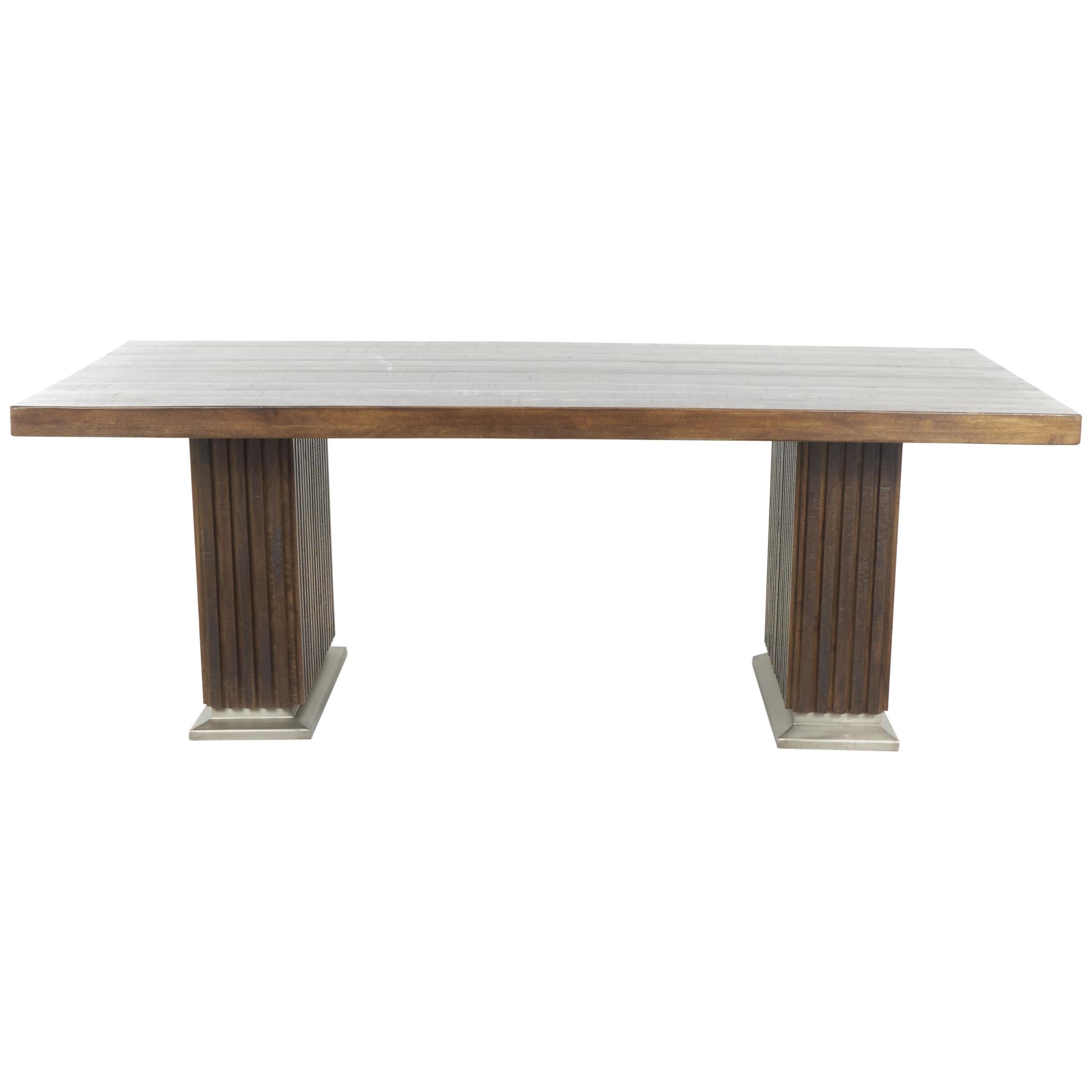 DecMode 84" x 30" Brown Mango Wood Mid Century Modern Dining Table with Ribbed Legs and Silver Bases, 1-Piece